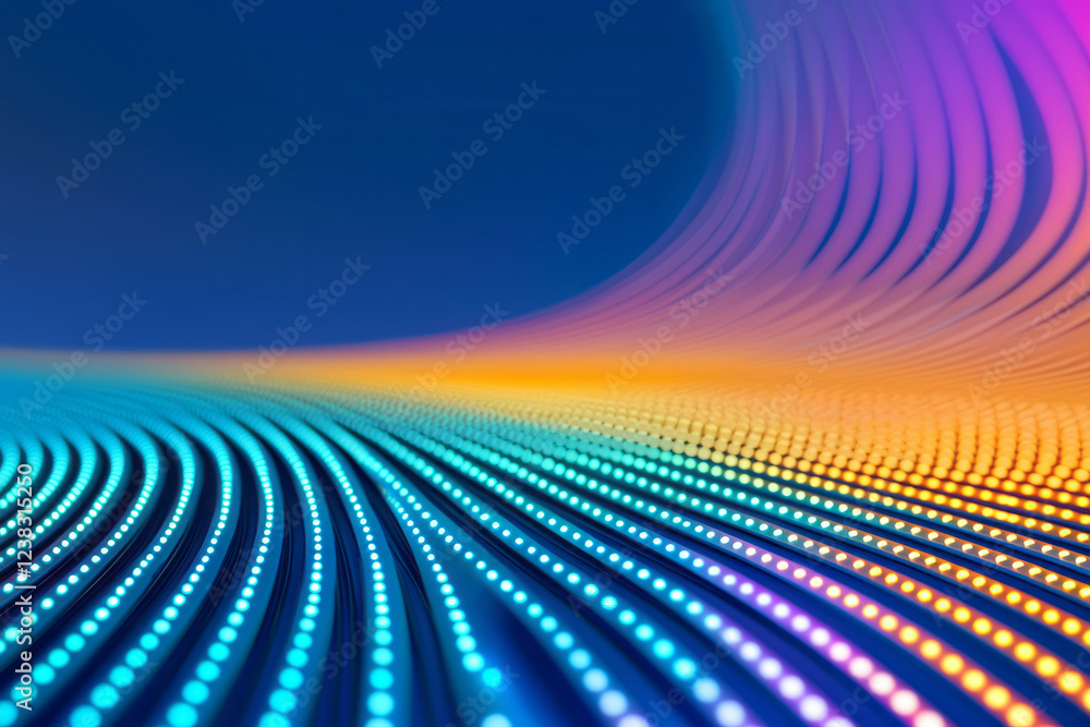Poster an abstract macro focusing on a single blade with colored led highlights along its edge, other blade