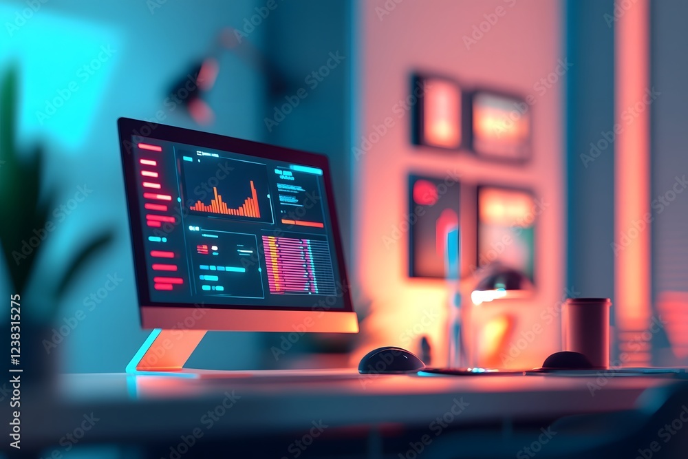Poster futuristic office with ai driven digital analytics dashboard optimizing advertising placements