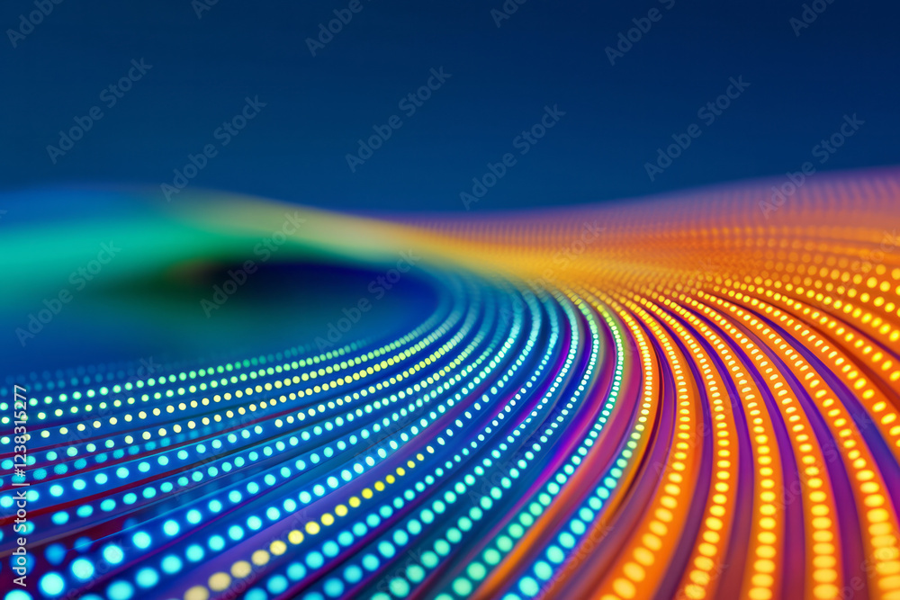 Poster an abstract macro focusing on a single blade with colored led highlights along its edge, other blade