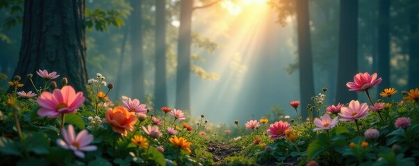 Obraz premium Softly glowing floral arrangement amidst misty forest foliage, forest canopy, nature scenes