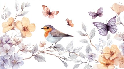 29.A vintage watercolor illustration that combines a variety of flowers, a robin bird, and butterflies, with graceful branches and leaves surrounding the scene. The flowers bloom in shades of lilac,