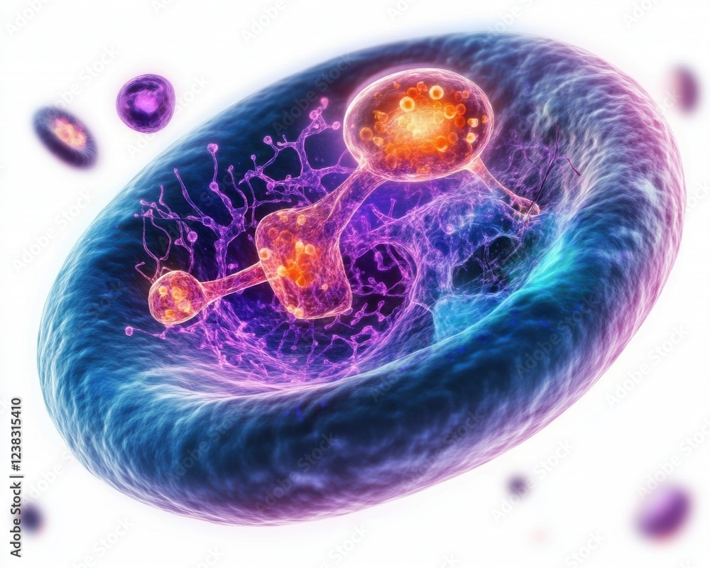 Poster vibrant and colorful depiction of a cell showcasing cellular structures and biological processes in 