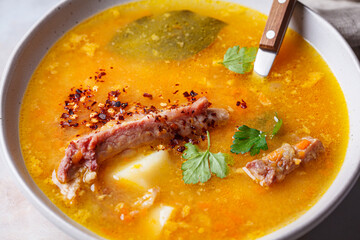 Split pea soup with smoked ribs.