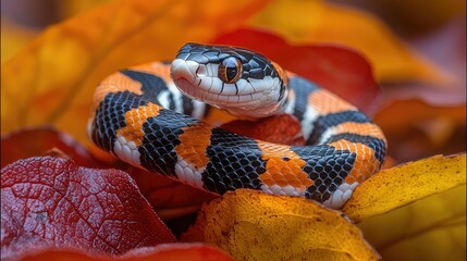 Colorful Snake Coiled Among Autumn Leaves