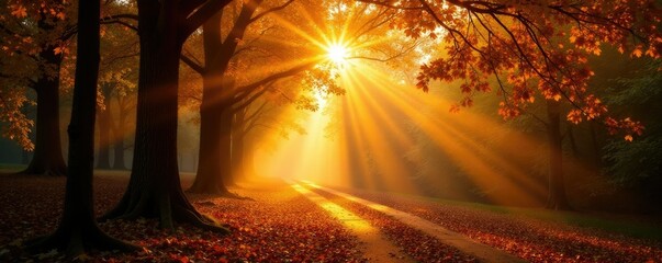 Softly glowing sunlight filters through trees, golden hour, trees, autumn