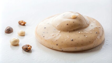 Soft beige slime on a white surface with a few brown speckles and a small rock in the center, textured surface, surface detail, natural