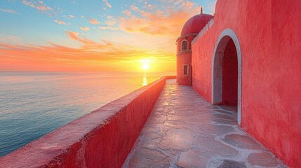 Red building walkway ocean sunset scenic view