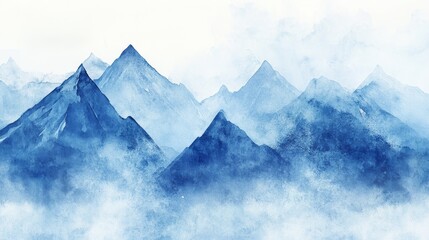 Obraz premium 9.A watercolor painting of towering mountain peaks in varying shades of blue, from light cerulean to deep indigo. The brushstrokes are soft and delicate, blending seamlessly to create smooth