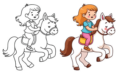 Cute Girl Riding on A Horse or Pony line art with fill-colored sample Printable. Isolated on White Background Outline Vector Illustration. Bold and Easy Domestic Animal Coloring Page for Adults and Ki
