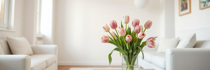 Obraz premium Soft pastel-colored walls with white furniture adorned with a bouquet of fresh tulips in a clear glass vase, tulip arrangement, living room style, home decor inspiration