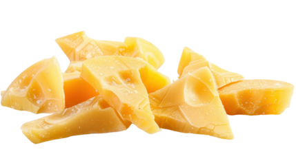 Pieces of delicious semi-hard cheese with holes forming a pile on transparent background