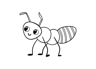 Cute black and white ant on a white background. Vector illustration with insect in cartoon style. Children's coloring book.