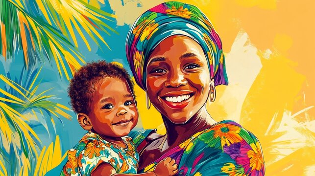 Naklejki Vibrant Haitian Mother Holding Baby in Colorful Tropical Attire
