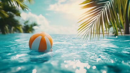 A bright summer scene featuring a colorful beach ball floating in a sparkling pool surrounded by lush palm trees under a sunny sky.