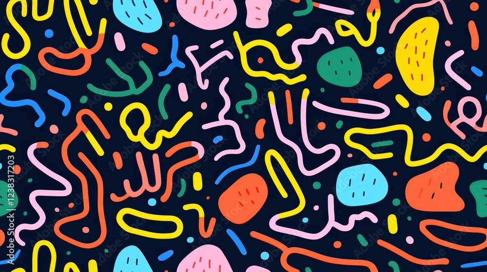 Poster vibrant and playful doodle patterns with colorful lines and shapes ideal for fun and creative projec