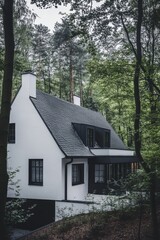 Modern house nestled among lush green trees in a serene forest setting during daylight hours, showcasing contemporary architecture with natural surroundings