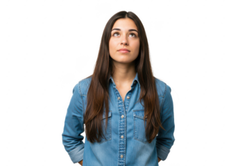 A young woman in a denim shirt looking up thoughtfully with her arms behind her back, isolated on a white background