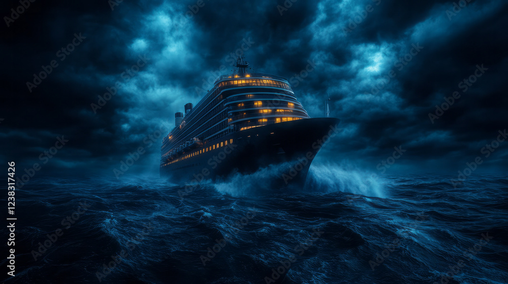 Poster a stylized vertical frame capturing towering waves dwarfed by the linerâ€™s grandeur, the bright win