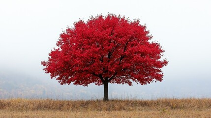 Vibrant Red Tree Stands Alone In Autumn Field