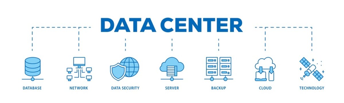 Data center infographic icons flow process which consists of database, network, data security, server, backup, cloud and technology icon live stroke and easy to edit .