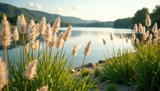 Softly swaying pampas grass panicles on lake shore, nature, pampas grass