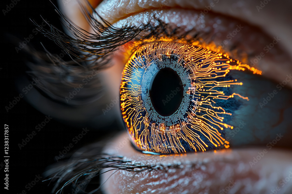 Poster a high-resolution macro shot capturing a blue iris with circuit-like patterns, representing the fusi