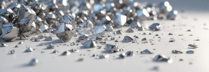 Sparkling silver fragments on a pristine white canvas, pure shine , sparkling fragments, metallic dust