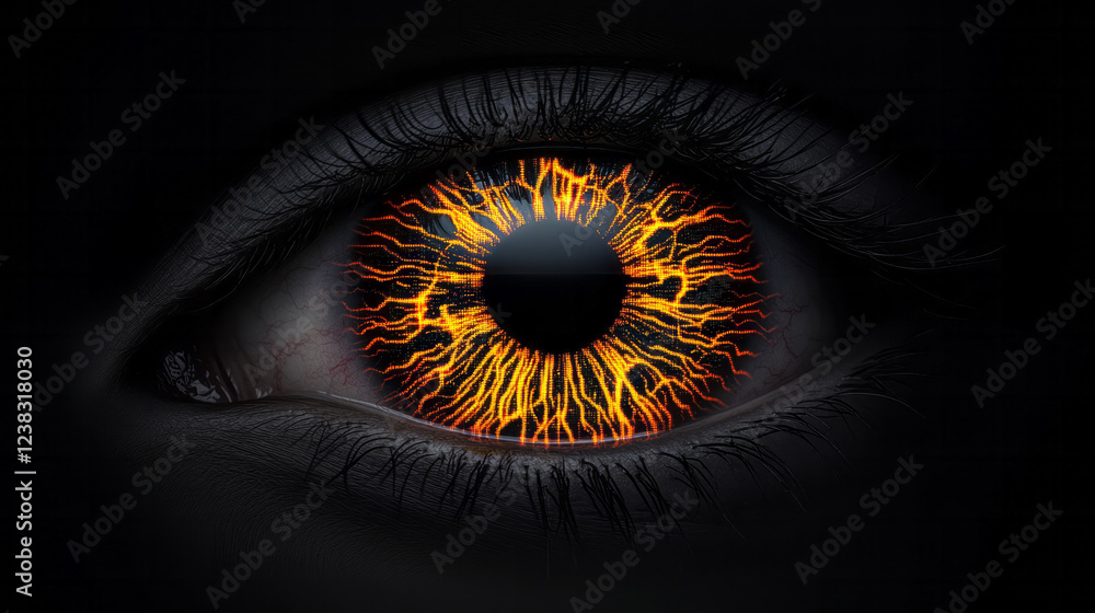 Poster a conceptual design overlaying tiny microchip patterns onto the irisâ€™s natural texture, forming a 