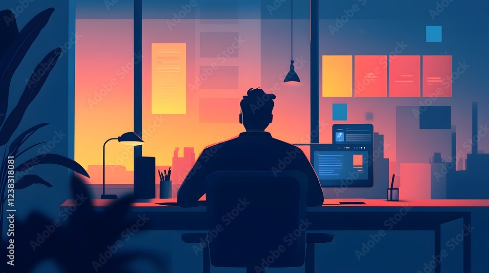 Poster futuristic office with marketer and for campaign scripting and creative recommendations