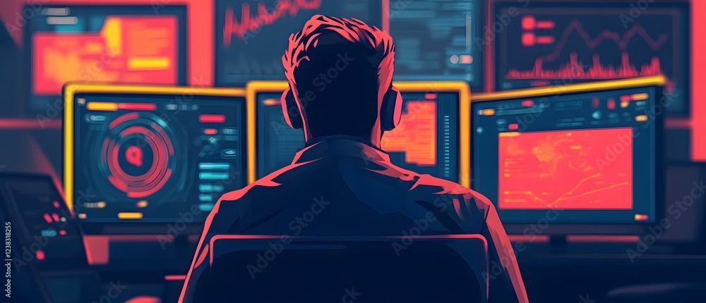 Poster futuristic social media command center monitoring unified messaging across platforms with glowing