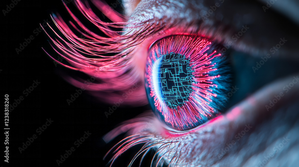 Poster a macro approach revealing the layered dimensions of a deep blue iris, neon-like filaments tracing h