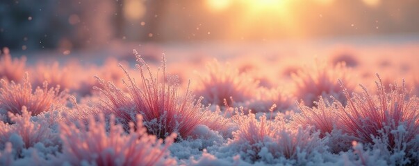 Soft pink grasses sway gently in morning breeze frost, moorland scenery, snowflakes, golden light