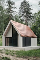 A contemporary minimalist cabin is elegantly designed, nestled amid a vibrant, lush forest, creating a tranquil atmosphere in a serene natural setting on a cloudy day