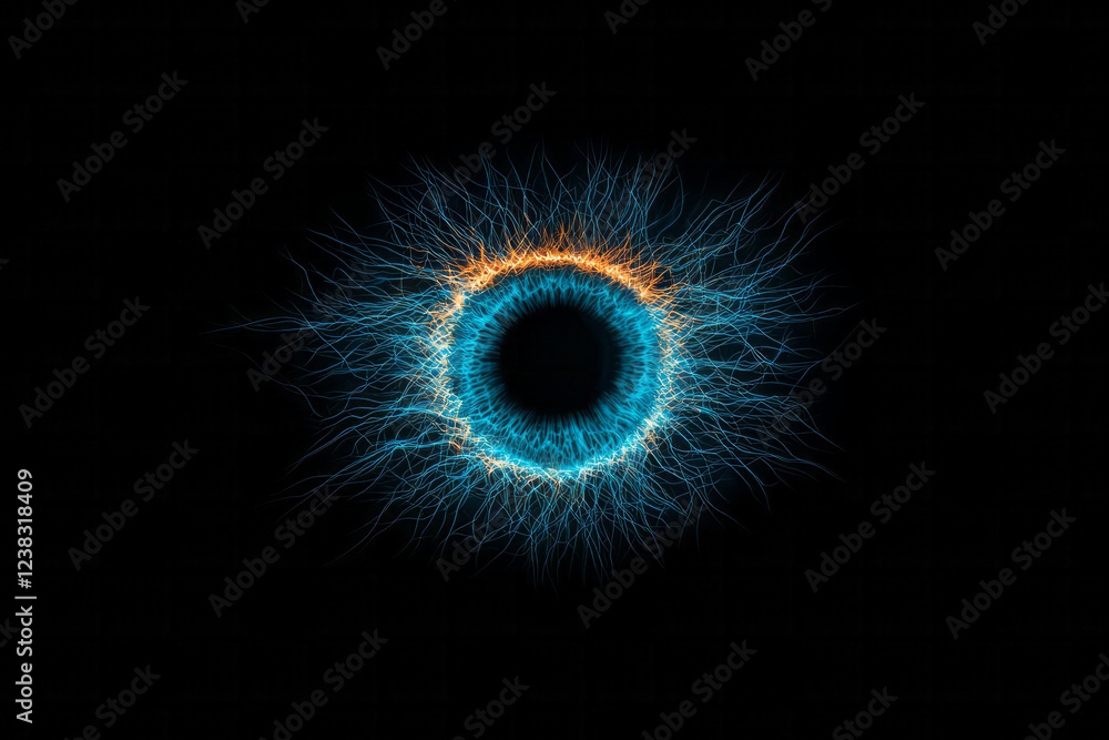 Poster a minimal silhouette shot where only the iris is illuminated, its digital patterns highlighted in br
