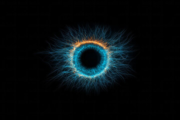 A minimal silhouette shot where only the iris is illuminated, its digital patterns highlighted in bright turquoise and soft whites,