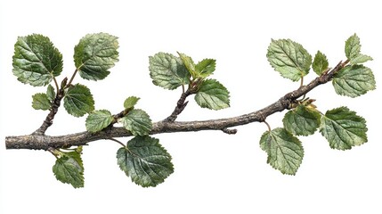 A branch with fresh green leaves displays springtime growth