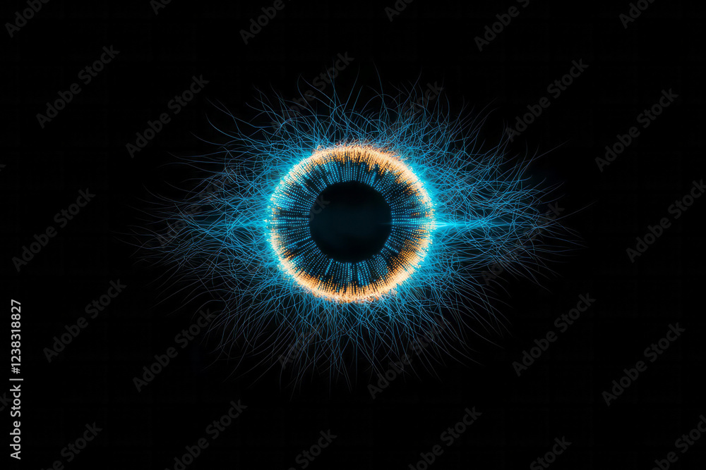 Poster a minimal silhouette shot where only the iris is illuminated, its digital patterns highlighted in br