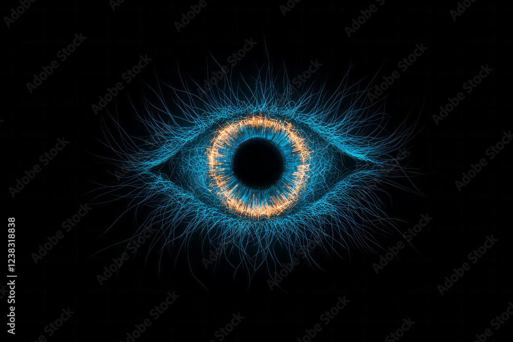 Poster a minimal silhouette shot where only the iris is illuminated, its digital patterns highlighted in br