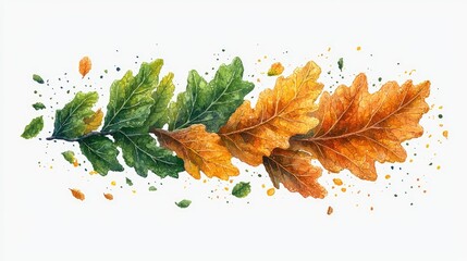 Watercolor Painting Of Oak Leaves Changing Colors