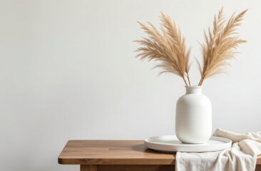 Modern white ceramic vase with dry Lagurus ovatus grass and marble tray on vintage wooden table. High quality photo