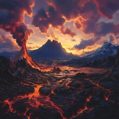 molten lava spreading across dark volcanic terrain image