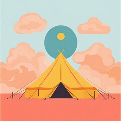 A vibrant illustration of a yellow tent under a blue sun and fluffy clouds, perfect for representing outdoor camping and adventure themes.