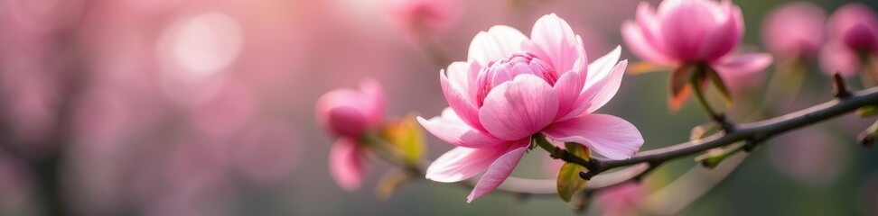 Fototapeta premium Soft pink peony blossoms unfold on the tree's branches, tree, pink flowers, blossom