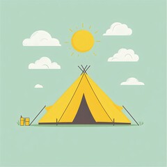 A vibrant illustration of a yellow camping tent under a bright sun and fluffy clouds, capturing the essence of outdoor adventure and relaxation.