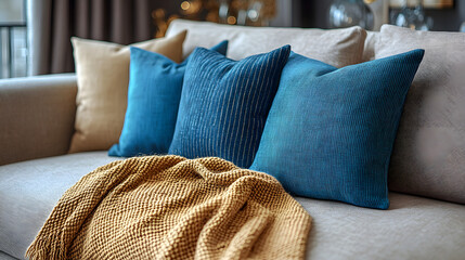 A cozy couch with a yellow blanket and three blue pillows. The pillows are arranged in a way that creates a comfortable and inviting atmosphere