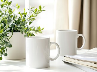 White mug mockup with books and a plant on a white table, two mugs, mock-up for a design stock photo contest winner, 