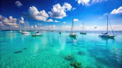 Obraz premium Peaceful ocean landscape with sailboats and yachts gliding effortlessly on calm turquoise water, sailing, boat sailing, calm sea, sailboat, peaceful atmosphere
