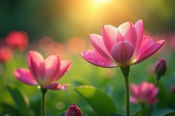 Soft sunlight filters through blooming flowers, morning, dewy