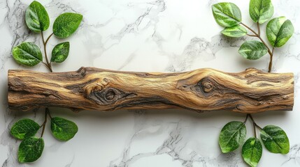 Wooden Log Decorated with Green Leaves on Marble