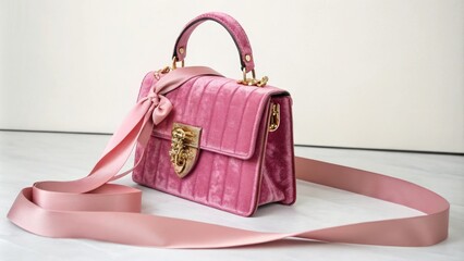 Pink velvet handbag with elegant gold clasp and matching satin ribbon, gold clasp, satin ribbon, luxurious feel, stylish bag